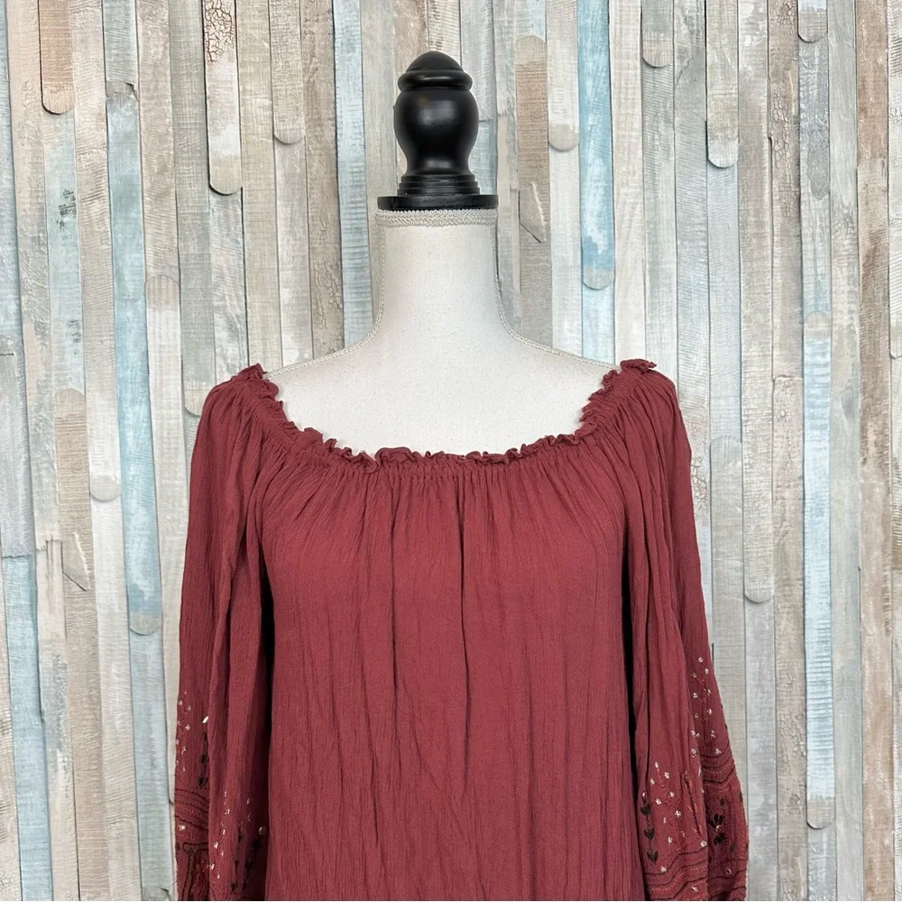 Free People S Red Gauze Embroidered Balloon Sleeve Ella Bodysuit Top Blouse Boho